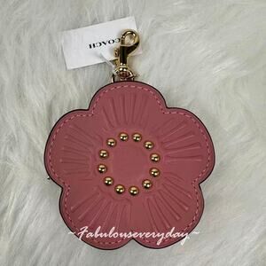 Coach Tea Rose Bag Charm In Leather/Gold/Peony CDB15 + Coach Pouch NWT